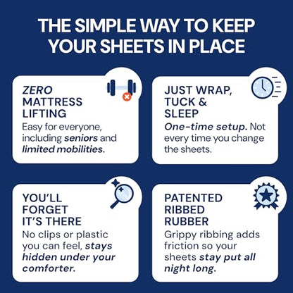 RUBBER HUGGER Elastic Bed Sheet Holder - Queen 60x80, Corner Grip | Elastic sheet holders - secure corner grip - hidden - Use for queen fitted sheets, beds & mattresses - size: Medium - Queen Mattress