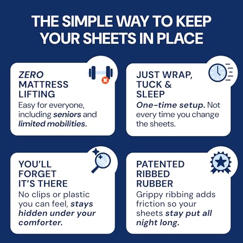 RUBBER HUGGER Elastic Fitted Sheet Straps - King 76x80, Anti-Slip | Rubber anti-slip sheet straps - secure corner grip - Use for king fitted sheets, keep sheets in place - size: Large - King