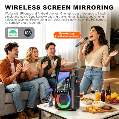Portable Karaoke Machine with 10.1” Rotatable HD Screen, Wireless Screen Mirroring for iOS & Android, Bluetooth Speaker with Lyrics Display, PA System with 2 Wireless Microphones & LED Lights for Home - size: A119