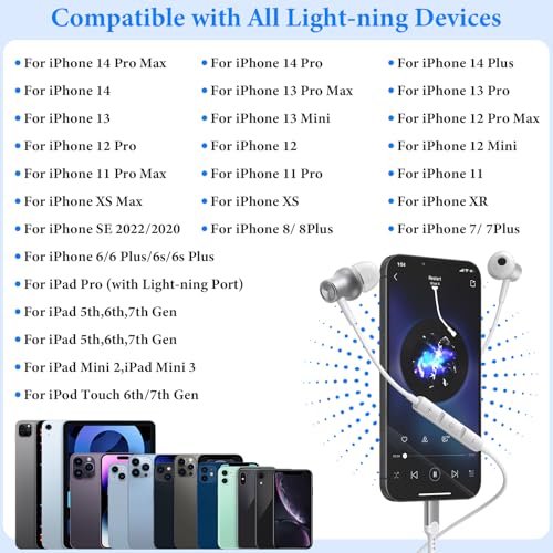 ACANDYA MFi-Certified Wired Headphones for Apple iPhone 14 13 Pro XR Silver | Lighting Earbuds for iPhone 12 Pro 11 XS Max XS SE 7 8 Plus Earphones Built-in Microphone Volume Control Magnetic Headsets - color: Silver