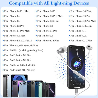 ACANDYA MFi-Certified Wired Headphones for Apple iPhone 14 13 Pro XR Silver | Lighting Earbuds for iPhone 12 Pro 11 XS Max XS SE 7 8 Plus Earphones Built-in Microphone Volume Control Magnetic Headsets - color: Silver