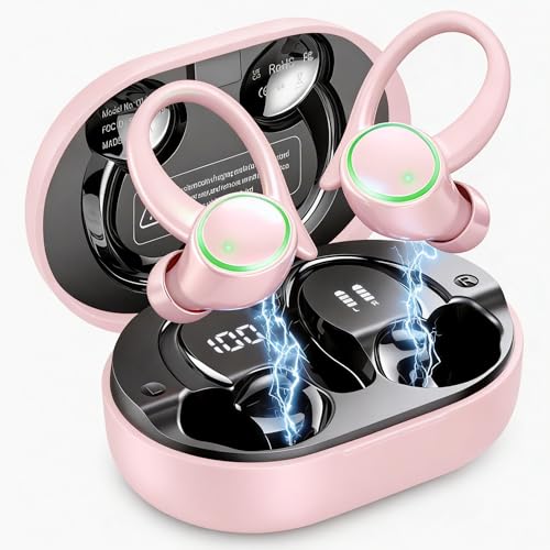 Matast Wireless Earbuds, Bluetooth 5.4 Headphones Sports, 50H Playback Over-Ear Buds with ENC Noise Cancelling Mic, HiFi Stereo Fitness Earphones with Earhooks, IP7 Waterproof Headset - color: light pink