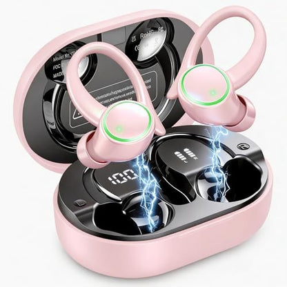 Matast Wireless Earbuds, Bluetooth 5.4 Headphones Sports, 50H Playback Over-Ear Buds with ENC Noise Cancelling Mic, HiFi Stereo Fitness Earphones with Earhooks, IP7 Waterproof Headset - color: light pink