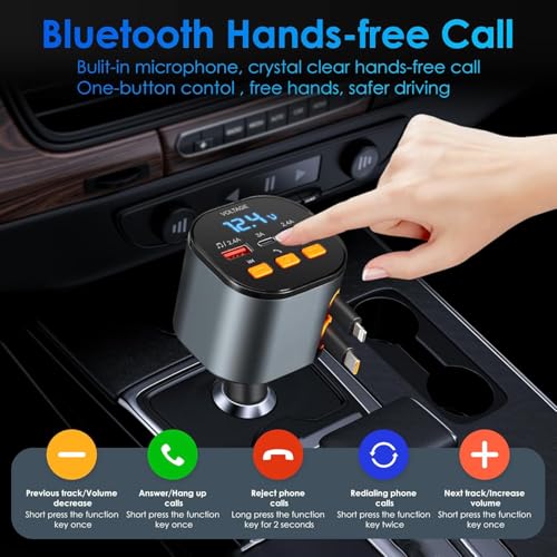 Retractable Car Charger,5 in 1 Fast Cars Phone Charger 90W,Bluetooth 5.3 FM Transmitter Adapter,Handsfree Call,2 Retractable Cables and USB Chargers for iPhone17/16 15/14/13 - color: Black