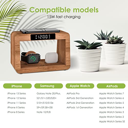 Bamboo Wireless Charging Station, Night Light with Digital Alarm Clock, Nightstand Charging Station for Apple Devices, Fast Wireless Charger for iPhone/Apple Watch/AirPods Pro