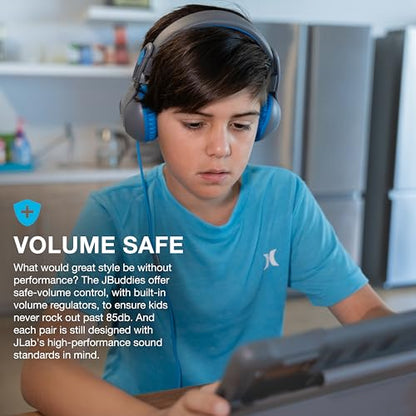 JLab JBuddies Studio 2 On-Ear Kids Wired Headphones, Grey/Blue, Toddler Headphones, Kid Safe, Studio Volume Safe, Volume Limiter, Folding, Adjustable, Noise Isolation, with Mic