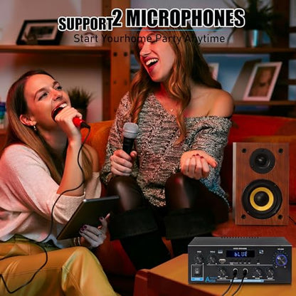 AK55 Stereo Audio Amplifier,600W 2 Channel with Bluetooth 5.0 | Power Stereo Amplifier Receiver with USB,RCA,AUX,MIC,Echo,Coax,Optical Input for Garage, Studio,Home Theater Speakers - color: Black