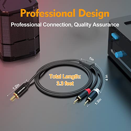 HOSONGIN RCA Y Splitter Cable, 3.3Ft, 2Pack, 1 Male to 2 Male Audio Cable, Gold-Plated, Noise-Free Durable Braided Design RCA Adapter for Subwoofers, Amplifiers, TVs, Home Theater, Hi-Fi Systems - size: 3.3FT-2Pack, style: 1 Male to 2 Male
