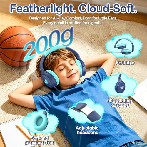 USB-C Kids Headphones, Wired Headphones for Girls Boys, 94dB Volume Limit | LED Lights, 94dB Volume Limit, Stereo Sound Portable Foldable Lightweight for School/iPad/Tablet/Airplane Travel/Toddler - color: Blue