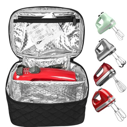 Hand Mixer Carrying Bag for KitchenAid 5/6/7/9 Speed Mixers | Quilted Storage Case with Aluminum Lining, Clear PVC Pocket and Top Handle for Hand Mixer, Beaters and Attachments, Black