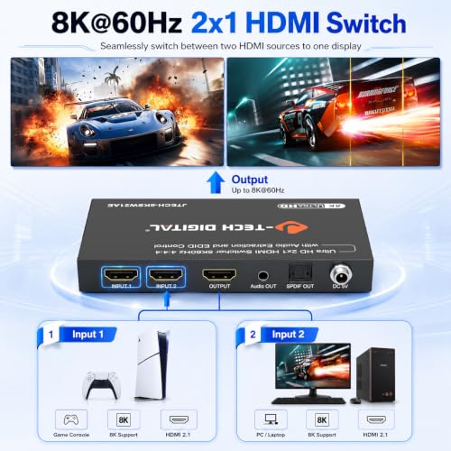 J-Tech Digital 8K HDMI Switch 2 in 1 Out 8K@60Hz 4K@120Hz 1080P@240Hz, HDMI Audio Extraction to Optical & 3.5mm, HDR HDCP 2.3 EDID Control, Compatible with PS5 PS4 Xbox Switch Apple TV Roku Fire TV - style: 2 in 1