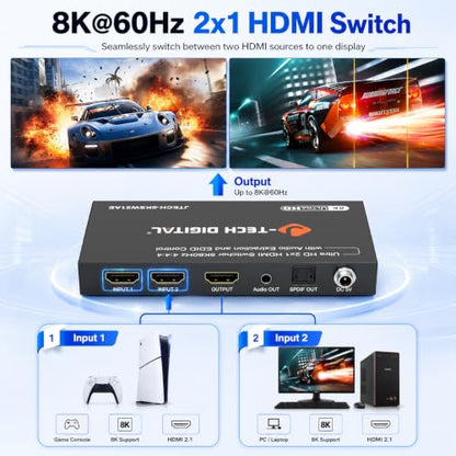J-Tech Digital 8K HDMI Switch 2 in 1 Out 8K@60Hz 4K@120Hz 1080P@240Hz, HDMI Audio Extraction to Optical & 3.5mm, HDR HDCP 2.3 EDID Control, Compatible with PS5 PS4 Xbox Switch Apple TV Roku Fire TV - style: 2 in 1