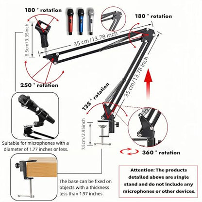 Microphone Boom Arm Stand, Adjustable Desk Mount Scissor Arm with 360° Rotation, Heavy Duty Metal, for Podcast, Recording, Streaming, Gaming, Voice-Over, Studio, Home Office – Black