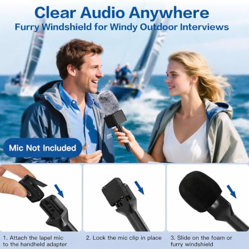 ZealSound Handheld Interview Microphone Adapter, Wireless Lavalier Transmitter Handle with Flag, Furry Windscreen & Foam, Compatible with DJI Mic Mini/Mic 2/3, Rode Wireless GO 2/3, Hollyland, BOYA - size: 9.53inch