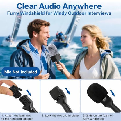 ZealSound Handheld Interview Microphone Adapter, Wireless Lavalier Transmitter Handle with Flag, Furry Windscreen & Foam, Compatible with DJI Mic Mini/Mic 2/3, Rode Wireless GO 2/3, Hollyland, BOYA - size: 9.53inch