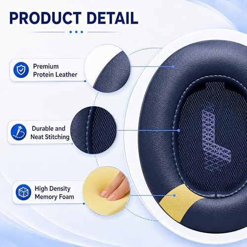 Replacement Ear Pads for JBL Live 500BT/Live 500 BT Headphone, Extra Thick Cushions, Ear Cups Cover, Soft Leather＆Memory Foam Headset Earpads (Blue) - color: Blue