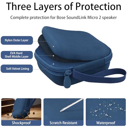 for Bose New SoundLink Micro 2nd Gen Speaker Protective Case, Twilight Blue | EVA Hard Shell, Soft Velvet Lining, Durable Wrist Strap, Portable Travel Bag with Carabiner, Mesh Accessory Pocket - color: Dark Blue Case