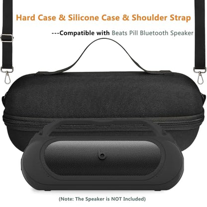 Protective Case for Beats Pill Bluetooth Speaker with Handle | Silicone Cover and Hard Carrying Case for Beats Pill Speaker Accessories with Shoulder Strap (Black) - color: Black