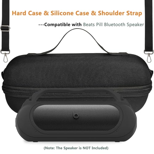 Protective Case for Beats Pill Bluetooth Speaker with Handle | Silicone Cover and Hard Carrying Case for Beats Pill Speaker Accessories with Shoulder Strap (Black) - color: Black