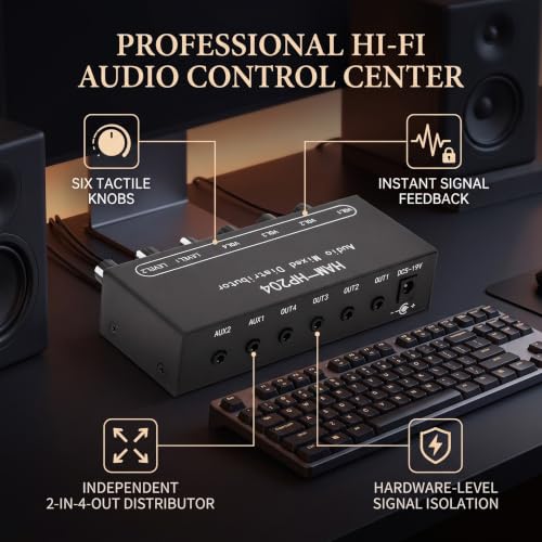 2 in 4 Out Stereo Mixer Distributor, 18 in Stereo Audio HiFi Audio Mixer, Independent Control, for PC Microphone Guitar Electronic Keyboard Speaker DC 5V to 19V.