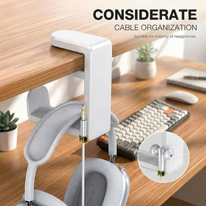 Universal Headphone Stand, Desk Mount Holder with 360 Degree Swivel, Gaming Headset Organizer Clamp-On Under Desk Hanger with Cable Clip for Office and Home,White