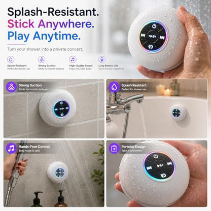 Bluetooth Shower Speaker with LED – Portable Wireless Mini Speaker with Mic & Suction Cup, IPX4 Water Resistant for Shower, Travel, Pool, River Floating, and Outdoor Fun (White) - color: White