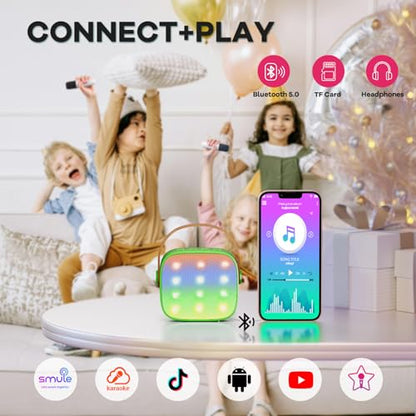 YLL Mini Karaoke Machine for Kids Adults, Portable Bluetooth Speaker with 2 Wireless Microphones, Birthday Gifts Toys for Girls Boys Ages 3, 4, 5, 6, 7, 8, 9,10,11,12+ Years Old Toddler (Green) | Portable Bluetooth Mini Speaker with 2 Wireless Microphones