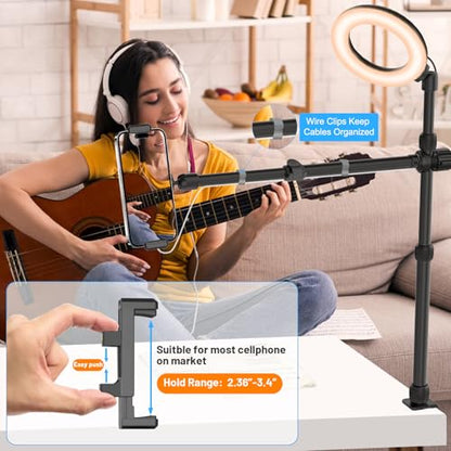 Ailight Camera Desk Mount Stand Overhead, Adjustable Microphone Boom Arm Mic Stand with Phone Holder, Camera Arm Clamp 5/8'' 3/8'' 1/4'' Screws for Shure, Blue Yeti, Rode, Elgato, Fifine, HyperX