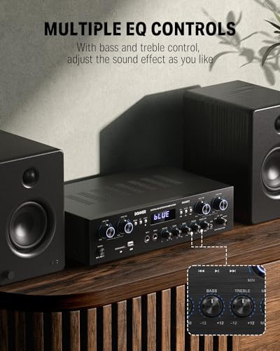 Donner Bluetooth 5.0 Stereo Audio Amplifier Receiver, 4 Channel 440W Peak Power Home Theater Stereo Receiver with USB, SD, FM, 2 Mic in Echo, RCA, LED, Speaker Selector for Studio, Home - MAMP5 - size: 440W