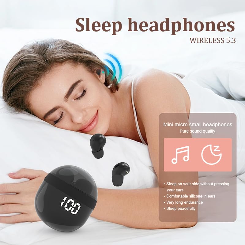 Invisible Mini Earbuds Wireless Bluetooth, Ultra-Comfort & Lightweight Wireless Mini Sleep Headphones, Unique Tumbler Portable Charging Case, Soft In-Ear Ear Plugs for Sleeping Small Ears Gym (Black) - color: Black