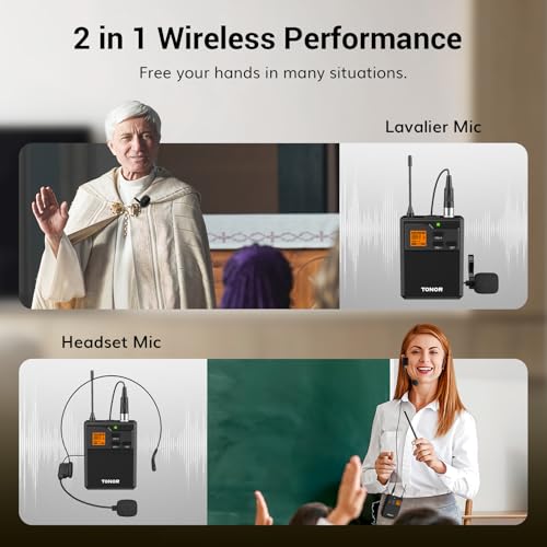 TONOR UHF Wireless Microphone System, 1 Set of Bodypack & Lavalier Mic | UHF Headset Lapel Mic, Rechargeable Receiver, 15 Channels 60 m/200ft Range 1/4" Output for Teaching, Recording ,Tour Guide