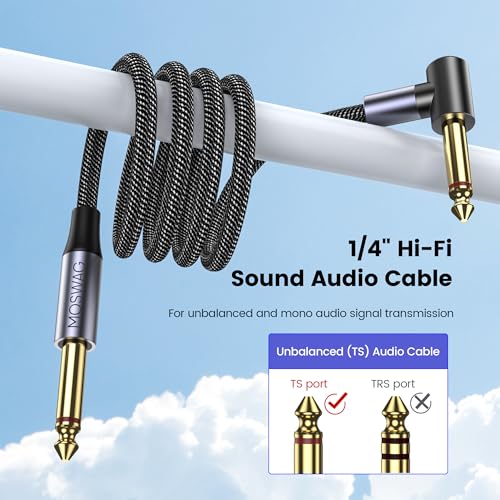 MOSWAG 1/4 Inch Guitar Cord 16FT, Straight to Right Angle Instrument Cable, Electric Instrument Bass AMP Cord Compatible with Bass, Electric Guitar, Amplifier - size: 16 ft