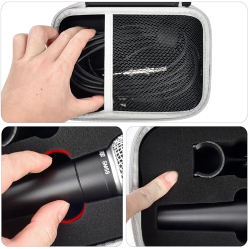 casmilee Microphone Case for Shure SM58/SM57/SM58S/BETA 58A/PGA58/PGA48 | Removable Foam Cradle, Mesh Pocket for XLR Cable, A25D Adapter and Small Accessories, Carry Handle, Black, Box Only