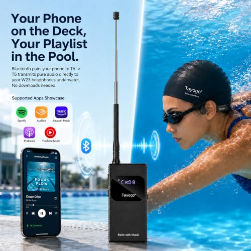 Tayogo Swimming Headphones T6 + W23 Bone Conduction, Under Water Audio System, Spotify Swim Headset, No Need to Download, Waterproof FM Receiving & Bluetooth Open Ear Swim Headset for Training - color: Black