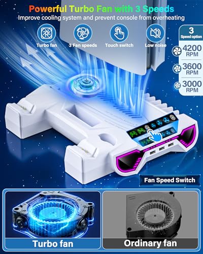 Cooling Station with Controller Charging Station for PS5/Slim/Pro Console | Cooling stand and Controller Charger Accessories for Playstation 5 - LED Light, Turbo Fan, Headset Holder, 3 USB Hub, White - color: White