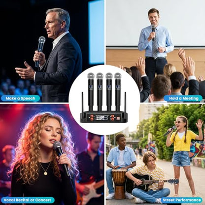Gritto 4-Channel Wireless Microphone System,Fixed Frequency Metal Cordless Mic,300FT Range, Dynamic Handheld Mics with Stable Signal Transmission for Karaoke Singing Party Church Wedding DJ