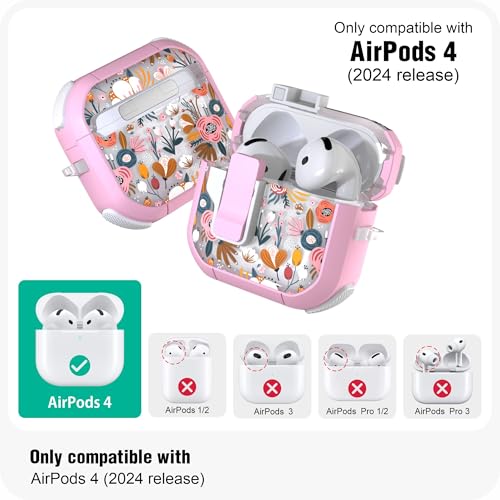 WENEW Case for AirPods 4th Case Cover Secure Lock Automatic Snap Switch Clip Cleaner Kit Lanyard Women Stylish Flower Armour Hard Shell Full Body Front LED Visible (Pink Flower, AirPods 4th) - color: Pink Flower, size: AirPods 4