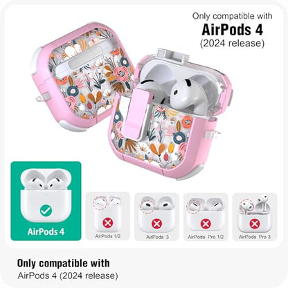 WENEW Case for AirPods 4th Case Cover Secure Lock Automatic Snap Switch Clip Cleaner Kit Lanyard Women Stylish Flower Armour Hard Shell Full Body Front LED Visible (Pink Flower, AirPods 4th) - color: Pink Flower, size: AirPods 4