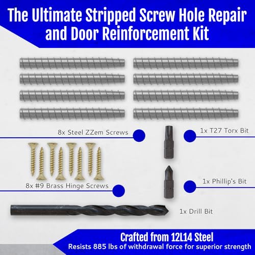 8-Pack #9 x 3 Permanent Stripped Door Hinge Screw Hole Repair Kit | Steel anchors • Reinforces hinges, strike plates and door jambs • Made in USA - size: 8 Pack