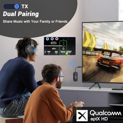 Bluetooth Transmitter Receiver with Airplane Adapter: Wireless Audio Transmitter for 2 AirPods/Headphones - 20+ Hr Battery Works USB Charging with 3.5mm Jack AUX for Flight,Gym,Car,TV,Tablet,Travel
