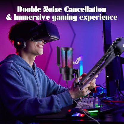 VCOM Gaming USB Microphone,Condenser Dynamic Boom Arm Mic for Podcasting,Streaming, with Boom Arm Stand,Quick Mute,Pop Filter,RGB Indicator,Shock Mount,Rotate gain Button, Compatible with PS4/5/PC