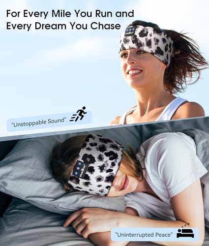 MUSICOZY Bluetooth 5.4 Sleep Headphones Headband Sports Wireless Audio | Earbuds 2 in 1 Design with Breathable Stretch Fabric, HD Stereo Sound Speakers for Workout Yoga Running, Nighttime Sleep Use - color: Beige Leopard