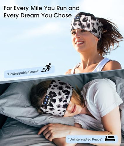 MUSICOZY Bluetooth 5.4 Sleep Headphones Headband Sports Wireless Audio | Earbuds 2 in 1 Design with Breathable Stretch Fabric, HD Stereo Sound Speakers for Workout Yoga Running, Nighttime Sleep Use - color: Beige Leopard