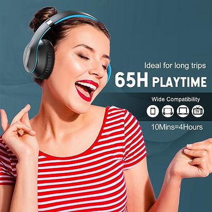 Wireless Bluetooth Headphones Over Ear V6.0 HiFi Stereo with Mic | 65H Playtime 6EQ Modes Foldable Bluetooth Headset with Microphone for Travel Smartphone Computer Laptop Blue - color: Blue