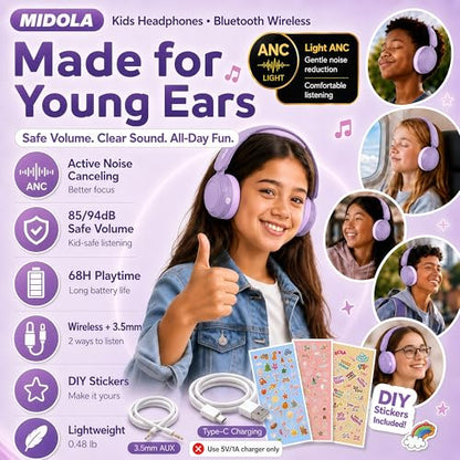 MIDOLA Kids Bluetooth Headphones Wireless,ANC,68H,Safe Volume Limit 85/94dB | Active Noise Cancelling,Adjustable Headband Foldable Over-Ear for Toddler Girls Boys Tablet/iPad,HD Stereo,Built Mic,Purple - color: Lavender Purple