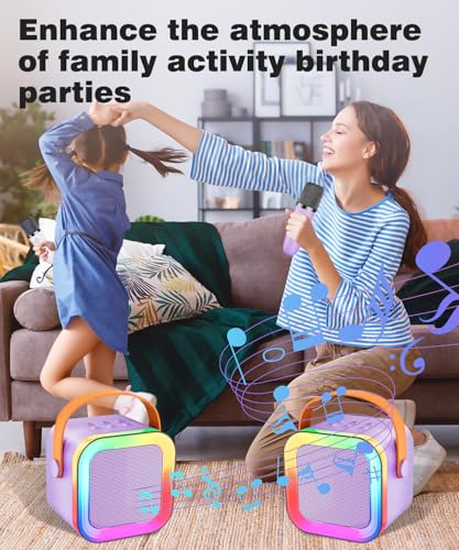 Mini Kids Karaoke Machine Ages 3-12, Wireless Microphones Bluetooth Speaker | LED Party Lights, Voice Changer, Duets, BT 5.3, Rechargeable Portable, Birthday Christmas Toys & Gifts for Boys & Girls - color: Purple - 1 Mic