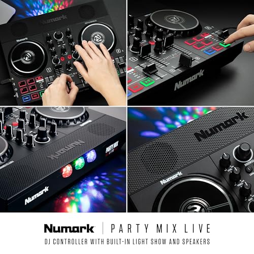 Numark Party Mix Live DJ Controller with Built-in Lights and Speakers | 2-Decks, 2 Filter FX Knobs, DJ Mixer, Touch-Capacitive Wheels, Integrated Audio Interface, and Serato DJ Lite - style: PARTYMIX LIVE