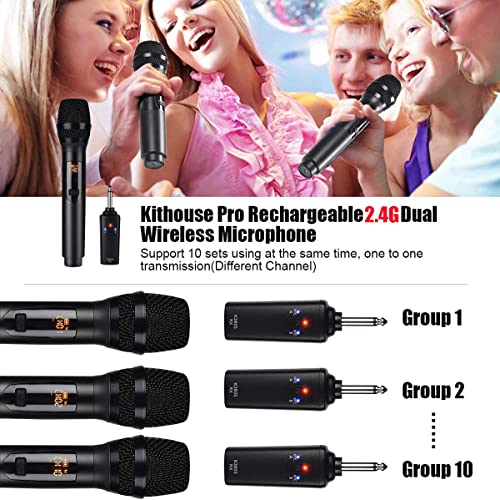 Wireless Microphone, K380S Dual Cordless Metal Dynamic Mic System with Rechargeable Receiver, for Karaoke Singing, Wedding, Party, Speech, Church, Meeting