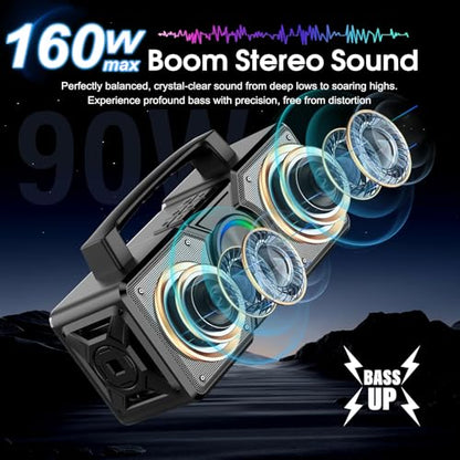 Hupoaf Speakers Bluetooth Wireless,160W Max Loud Bass Outdoor Speaker, IPX7 Waterproof, Boombox Sound, All Day Battery, Wireless TWS Pairing Speakers Portable for Party, Outsides, Beach,Garage