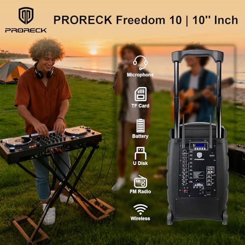 Proreck Freedom 10 500W 10'' Rechargeable Wireless Speaker with 2 Wireless Microphones, Portable PA System with Bluetooth/USB Drive Read/SD Card Reader/FM/Remote for Events, Karaoke, Outdoor - size: 10 inch